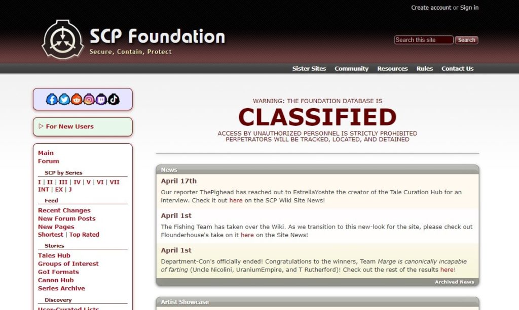SCP財団のトップ画面